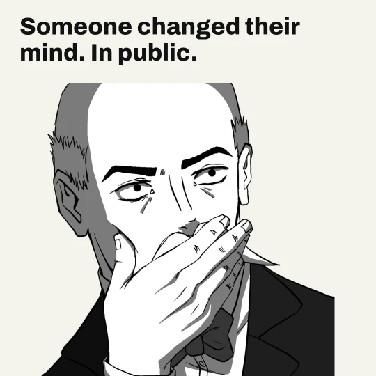 oori covering his mouth in shock. Caption: Someone changed their mind. In public.