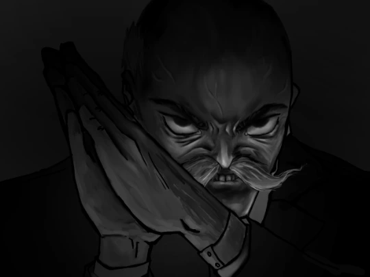 oori in the dark, hands pressed together, glaring.