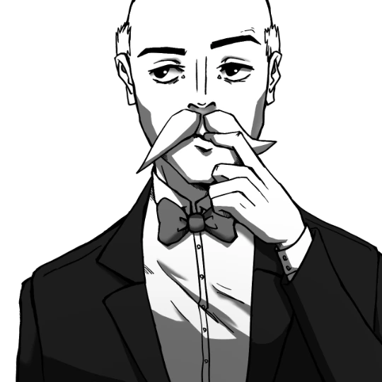 oori with a finger under his moustache, thinking.