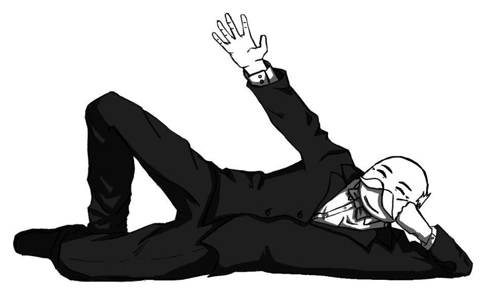oori lying on his side, waving.